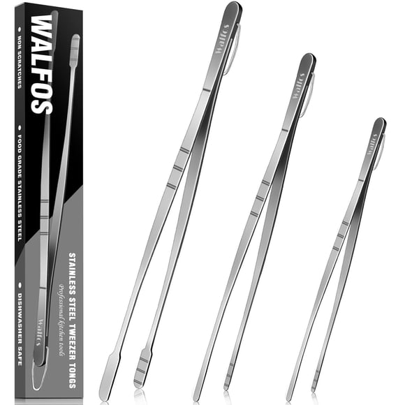 Walfos Pinces de Cuisine - Pinces de Cuisson, Pinces en Acier Inoxydable de Chef Professionnel 8 Pouces, 10 Pouces & 12 Pouces pour Cuisiner, Rôtir, Dessert, BBQ, Décorer les Plats et Servir, Ensemble de 3