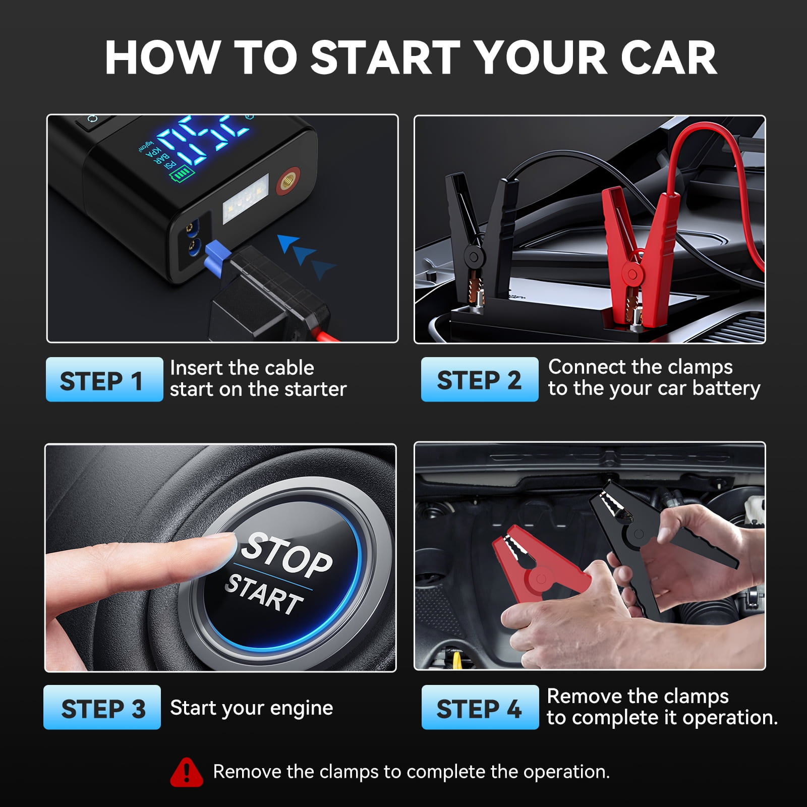 BRPOM 8500A Portable Car Battery Jump Starter with Air Compressor, 150PSI Portable Car Jumper Starter (All Gas/12L Diesel Engines), 12V Lithium Jump Box with LCD Display, LED Lights, Jumper Cables