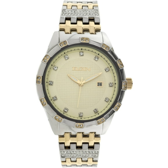 Elgin Two-Tone Stainless Steel Crystal Accented Champagne Dial Bracelet Wristwatch, Men's (FG9100)