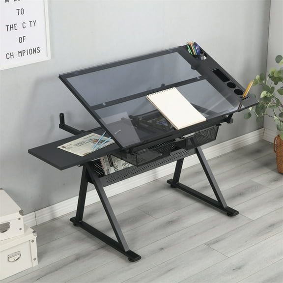 Drafting Table with Stool Height Adjustable Multifunctional Art Craft Artists Desk Tilting Glass Tabletop Diamond Paintings Work Station with 2 Storage Drawers for Home Office Art Studio School，Black
