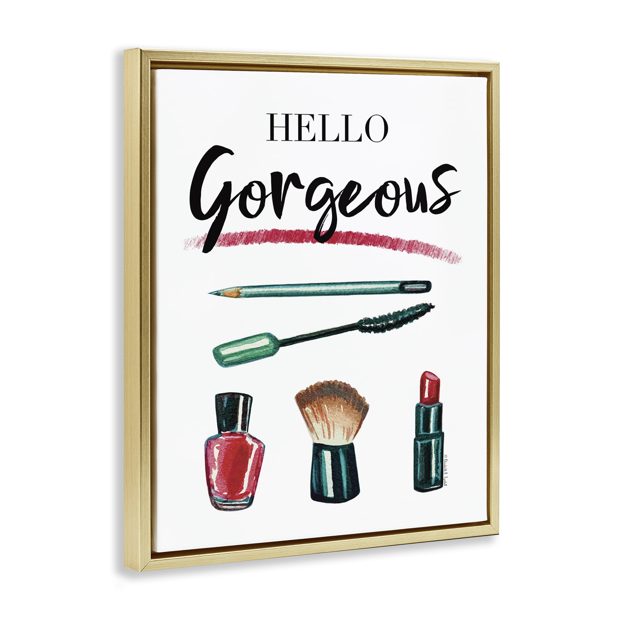 Stupell Industries Hello Gorgeous with Makeup Beauty & Fashion Painting Gold Floater Framed Art Print Wall Art, 17 x 21