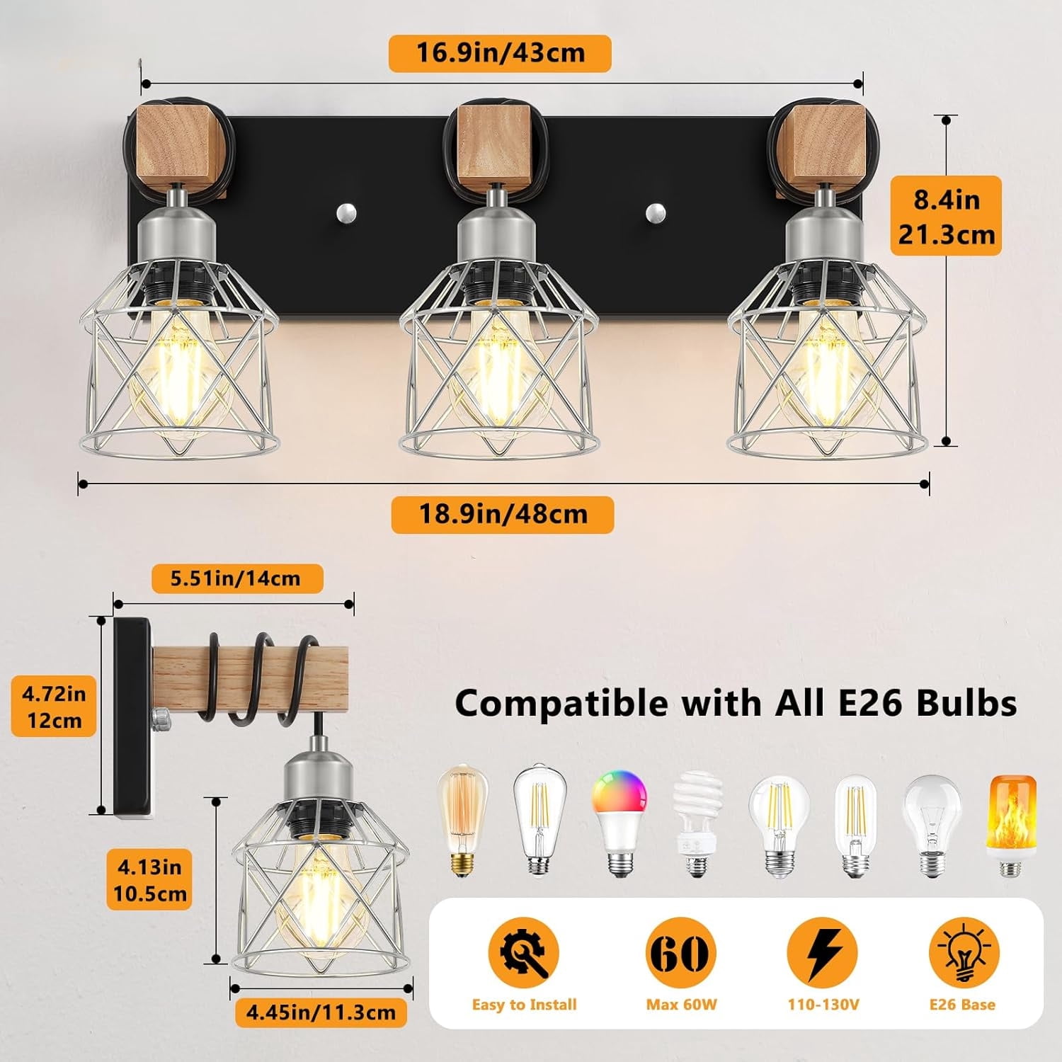 Farmhouse Vanity Light for Bathroom, 4-Light Rustic Wood Black Bathroom Light Fixtures with Elegant Silver Metal Cage, Vintage Vanity Lights Over Mirror for Living Room Bedroom Hallway