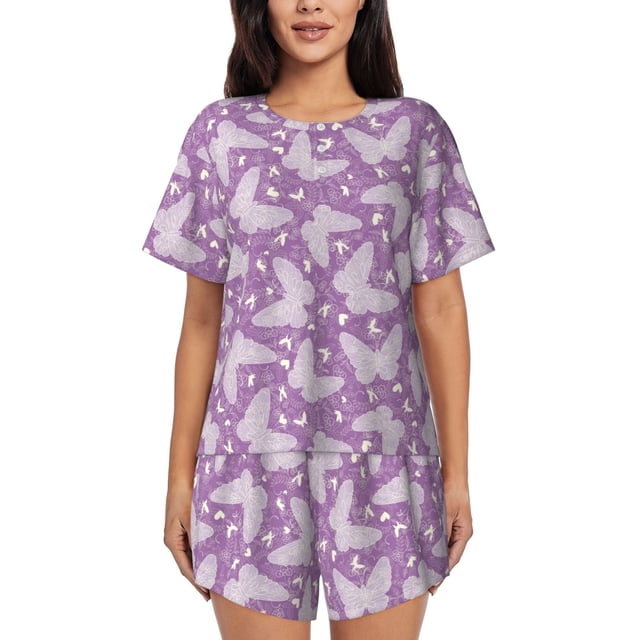 Xecao Purple Butterflies Floral Pattern Women's Short Sleeve Pajama Set Soft Sleepwear Lounge Set with Button Front Top and Drawstring Shorts with Pockets-Large