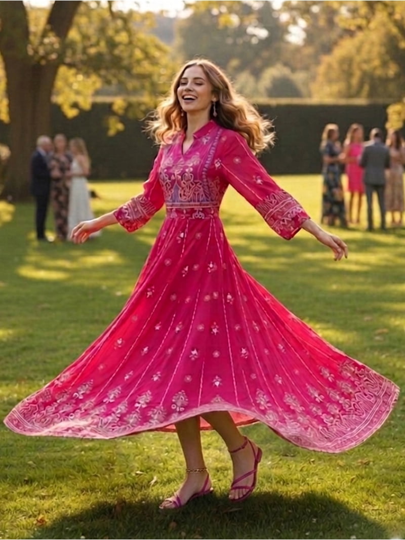 A-Line Woven Polyester Maxi Dress with Royal Fuchsia and Gold Border Print V-Neck Long Sleeve Modest Gown for Wedding Guest Resort Vacation