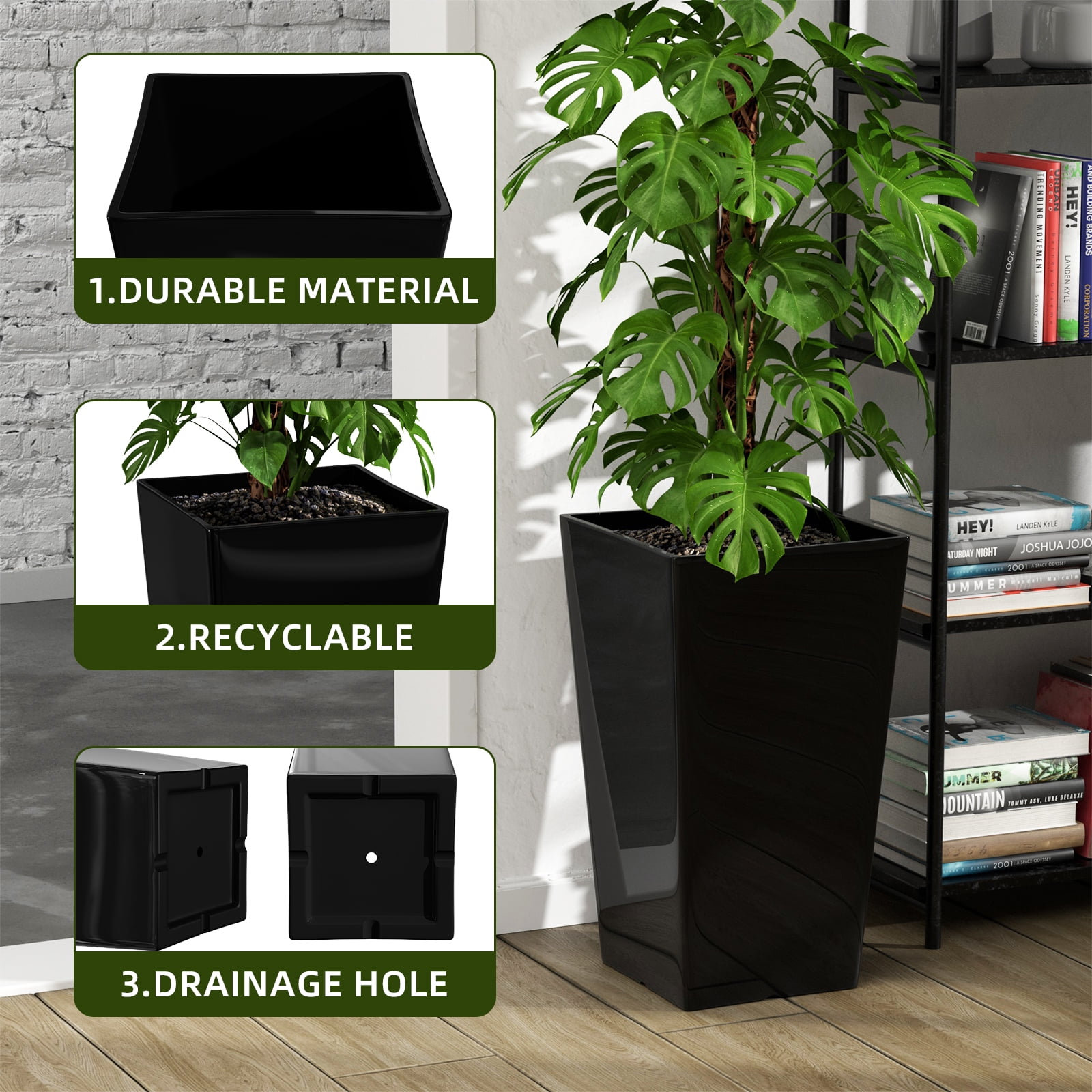 QCQHDU Large Planters for Outdoor Plants Flower Pots Set of 2,Tall Planters for Outdoor Plants,21 inch Outdoor Planters for Front Porch Planters（Black）