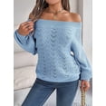 thumbnail image 6 of Crochet Tops for Women Off the Shoulder Sweaters Summer Long Sleeve Hollow Out Knit Beach Clothes Blue L, 6 of 8