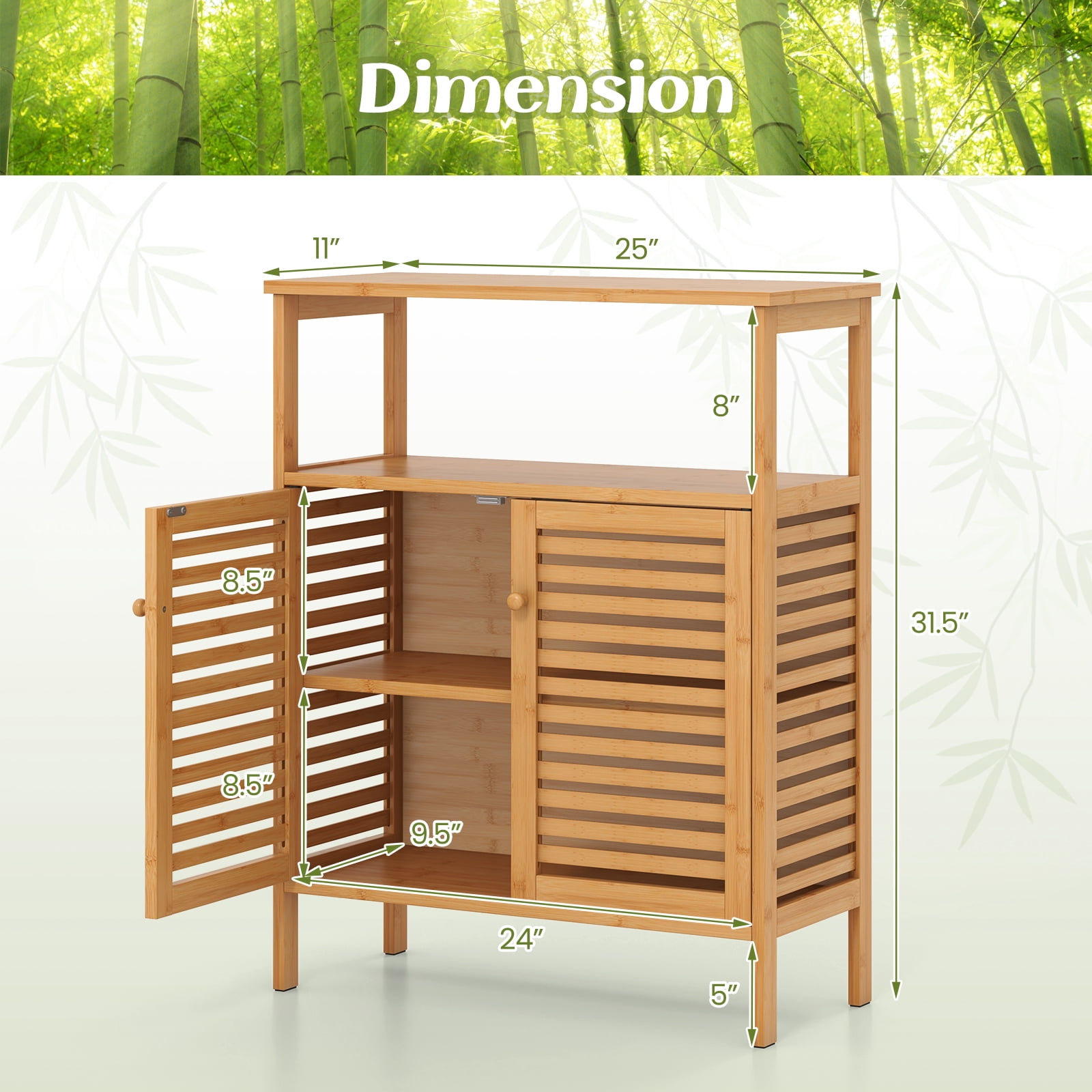Giantex Bamboo Bathroom Cabinet, Storage Organizer w/Double Louvered Doors, Freestanding Floor Cabinet for Entryway, Kitchen