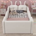 thumbnail image 2 of Twin Size Upholstered Platform Bed with Rabbit Cushion, Floor Upholstered Bed with Removable Side Rails, 2 of 9