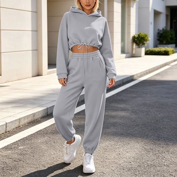 Chbgutlmr Sweatsuits Women 2 Piece Outfits Long Sleeve Drawstring Hem Crop Hoodies Cinch Bottom High Waist Joggers Casual Workout Plain Trendy Sets