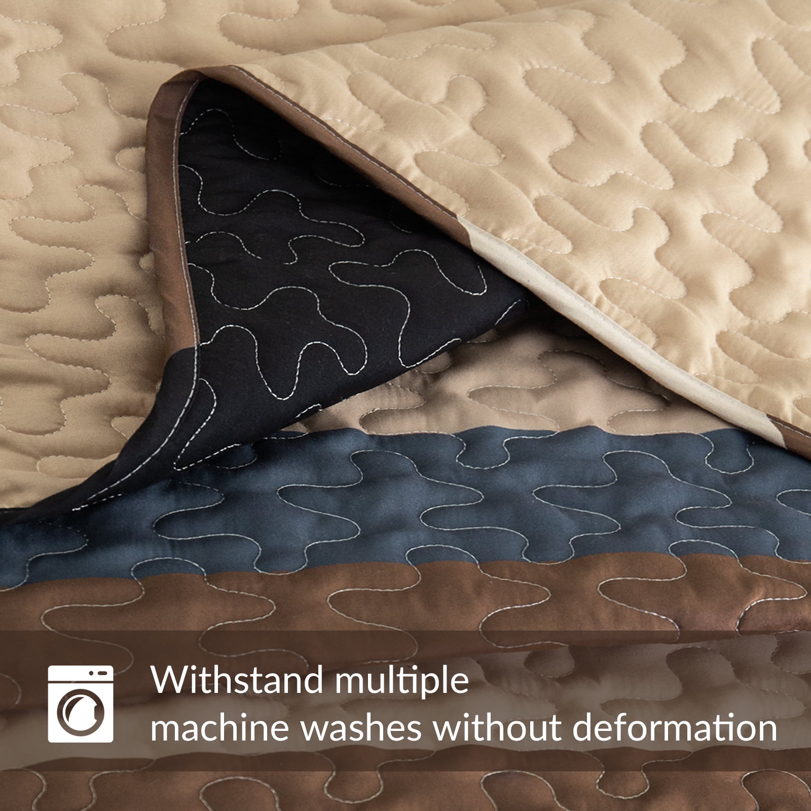 Whale Flotilla Reversible Ultra Soft Printed Quilts Queen Size, Lightweight Patchwork Geometric Stripes Bedspreads Coverlets Queen Quilt Bedding Set with 2 Pillow Shams for All Seasons, Camel