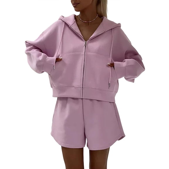 zfwon Tracksuit Womens Full Set Solid Color Casual 2 Piece Outfits Zipper Long Sleeve Hooded Sweatshirt Jacket & Elastic Waist Loose Shorts Matching Sets Activewear Co Ord Sets Lounge Wear`