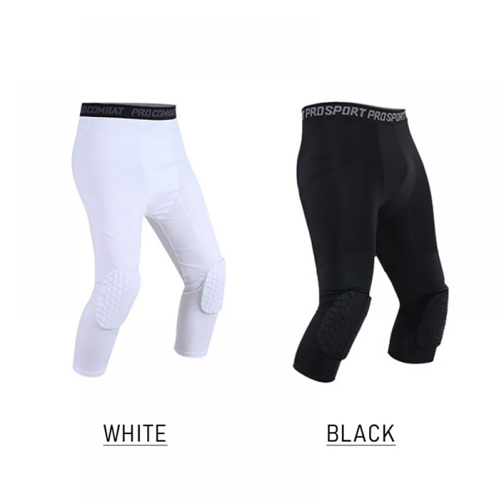 Basketball Pants with Knee Pads,Youth Crashproof Sports 3/4 Compression Pants  Leggings Men Volleyball Protector Gear White Medium