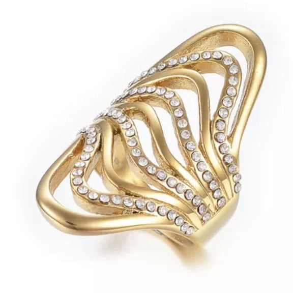 EOEMY Stainless Steel Rhinestone Ring Wide Band Rings Hollow Gold Plated Z706-7