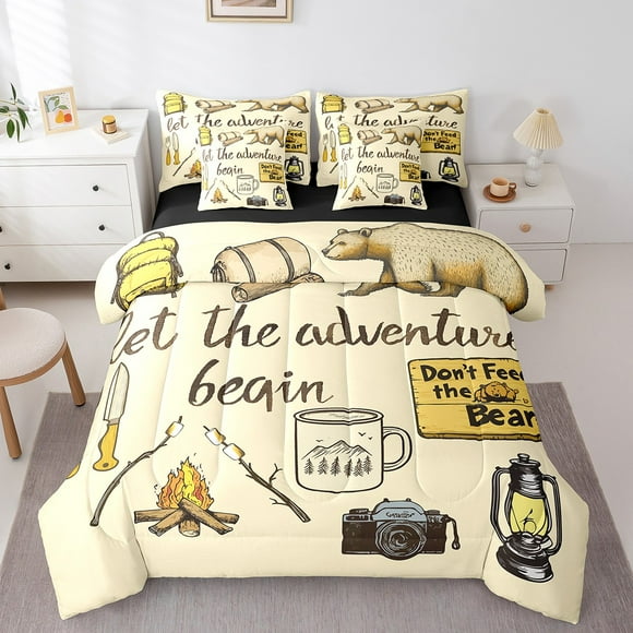 King Comforter Set for Kids,7 Pieces Camping Bedding Sets King Bed in a Bag with Reversible Rustic Camper Bed Set,Farmhouse Comforter, Sheets, Pillowcases and Shams