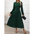 thumbnail image 2 of Women's Pleated Round Neck Long Sleeve Belted Dress in Silhouette 100% Polyester for Everyday Wear Elegant Comfortable, 2 of 15