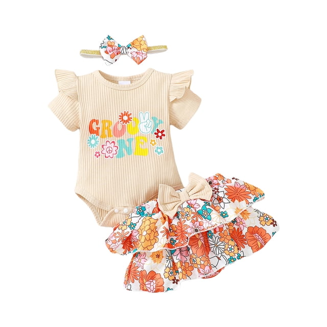 Gupgi Baby Girl 2 Piece Summer Set, Round Neck Short Sleeve Ribbed Romper Ruffles Floral Shorts Bow Headband Infant Outfits