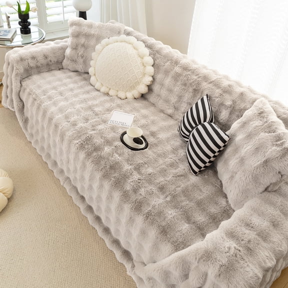 WOOW DEPOT Warm Faux Rabbit Fur Sofa Cover Machine Washable, Thick Throw Blanket L Shape Slipcover for 2 - 3 Cushion Couch, Coffee 71"x118"
