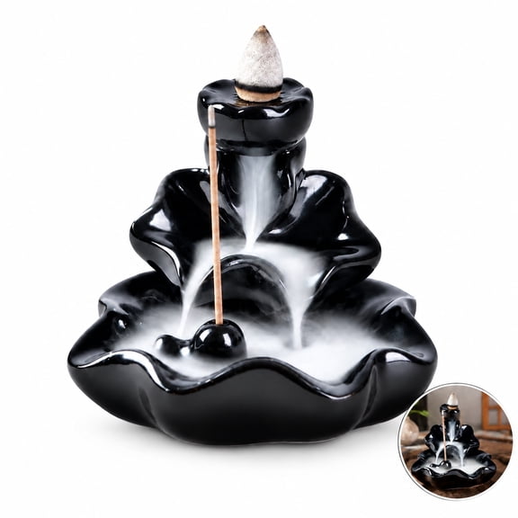 Lotus Backflow Waterfall Incense Burner Ceramic Incense Holder, Dual Use for Incense Sticks & Cones Porcelain Censer with 10 Mixed Aromatherapy Incense Cones