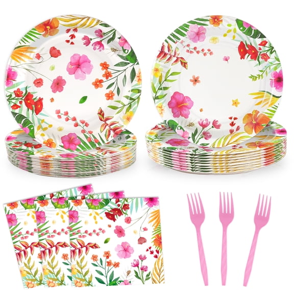72 Pcs Tropical Luau Party Supplies Plates 9 Inch Aloha Hawaiian Party Decorations with Party Napkins and Disposable Plastic Forks for BBQs, Summer Party, Dinner, Wedding, Birthday, Picnic