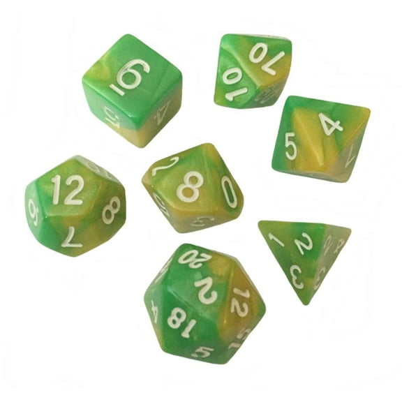 Green and Yellow Swirled Color - Pack of 7 Polyhedral Dice (7 Die in Set) | Role Playing Game Dice | D4, D6, D8, D10, D%, D12, and D20 -