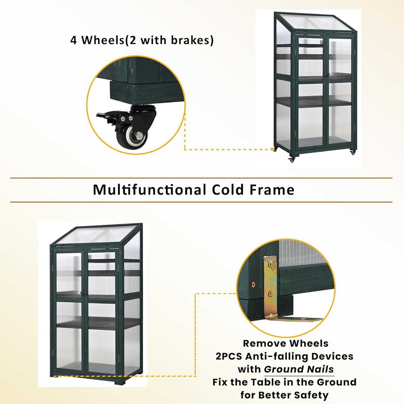 62inch Wooden Greenhouse, Portable Cold Frame with Wheels and Adjustable Shelves for Indoor Outdoor Patio Balcony Garden , 31.5" Lx22.4 Wx62 H, Green