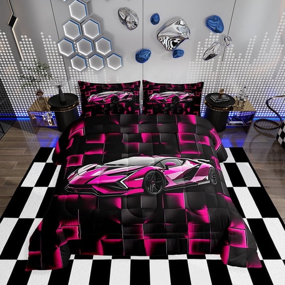 Erosebridal Cool Sports Car Bedding Twin Comforter Set, Race Car Down Comforter, Square Geometry Decor, Reversible 2 Pieces