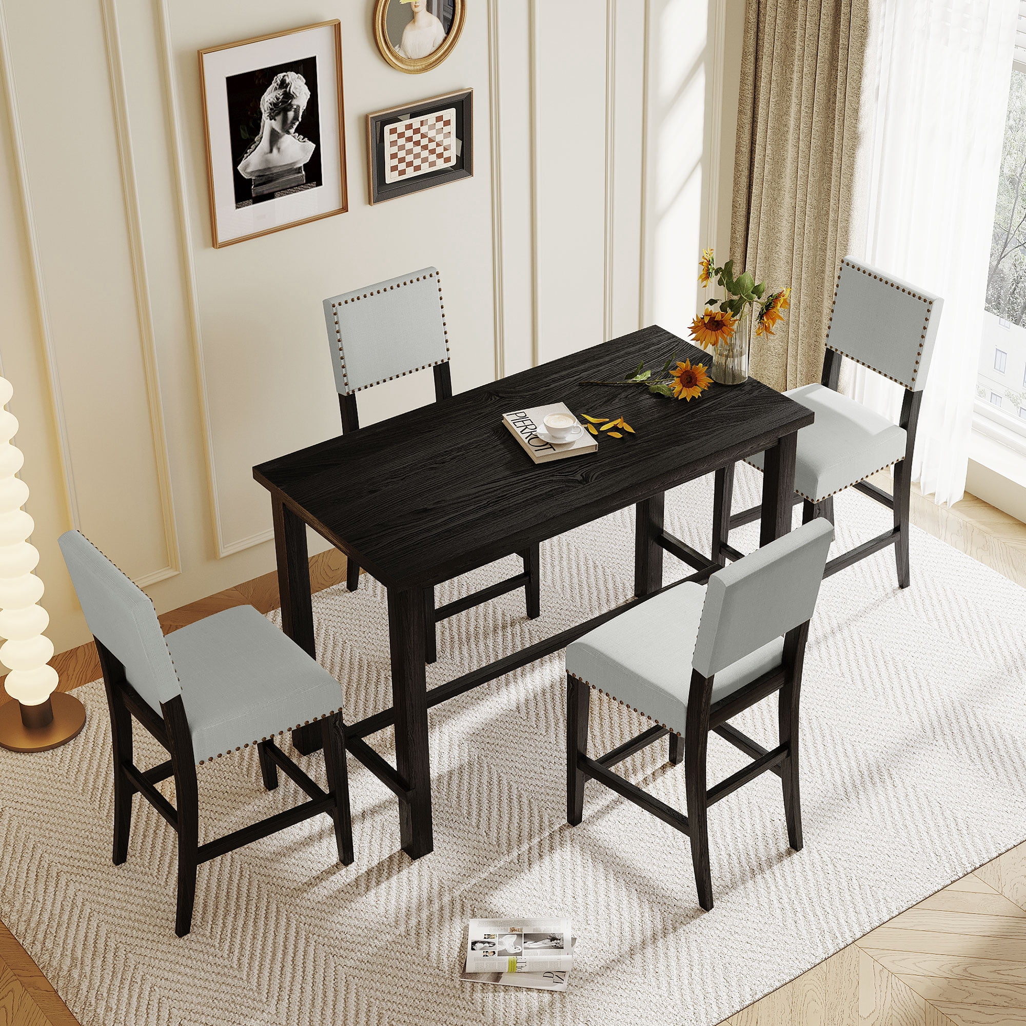 Euroco Counter Height 5-Piece Dining Table Set 4 Cushioned Chairs Espresso and Beige