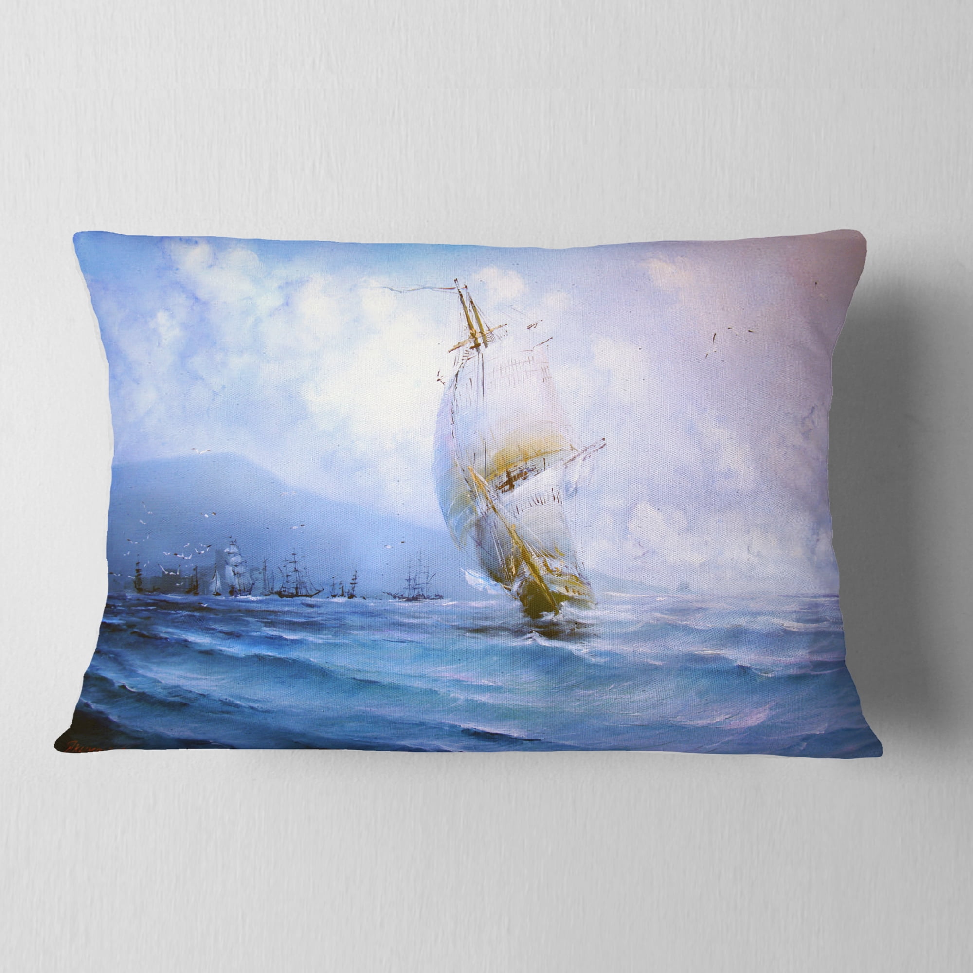 Designart Vessel in Blue Sea - Seascape Throw Pillow - 12x20