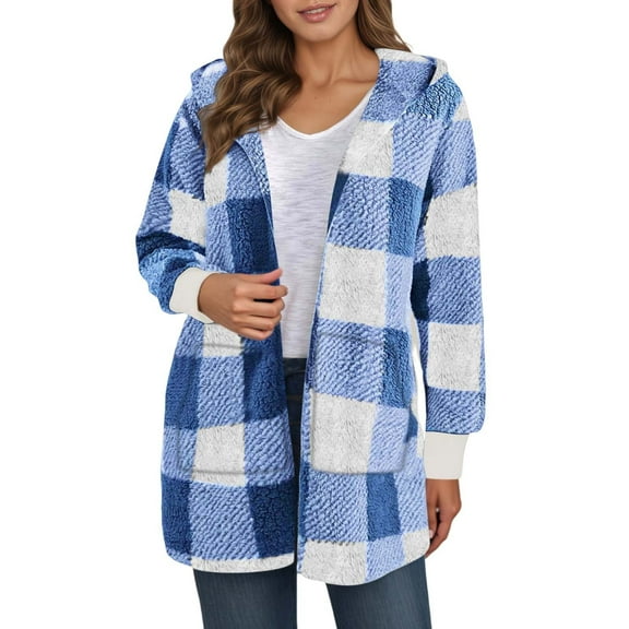 Luwomo Womens' Jackets Fall and Winter Fashion Hooded Long Sleeve Plaid Loose Fit Coat Blouses Blue,L