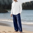 thumbnail image 4 of Eryao Men's 2 Piece Sets Casual Cotton Linen Crew Neck Long Sleeve Tops and Drawstring Waist Pants with Pockets Summer Vacation Beach Lounge Suits,Dark Blue,XXL, 4 of 5