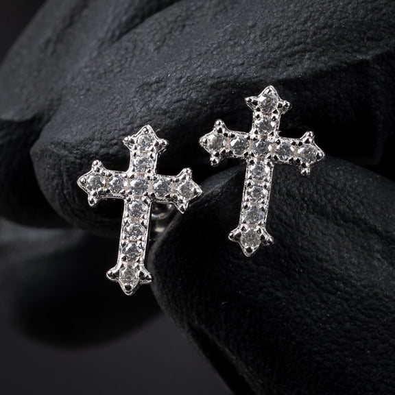 Small Mens Women's Prong Set Iced 5A Cz Hip Hop White Gold Rhodium 925 Sterling Silver Hypoallergenic Crucifix Ice Out Cubic Zirconia Gothic Cross Screw Back Stud Earrings