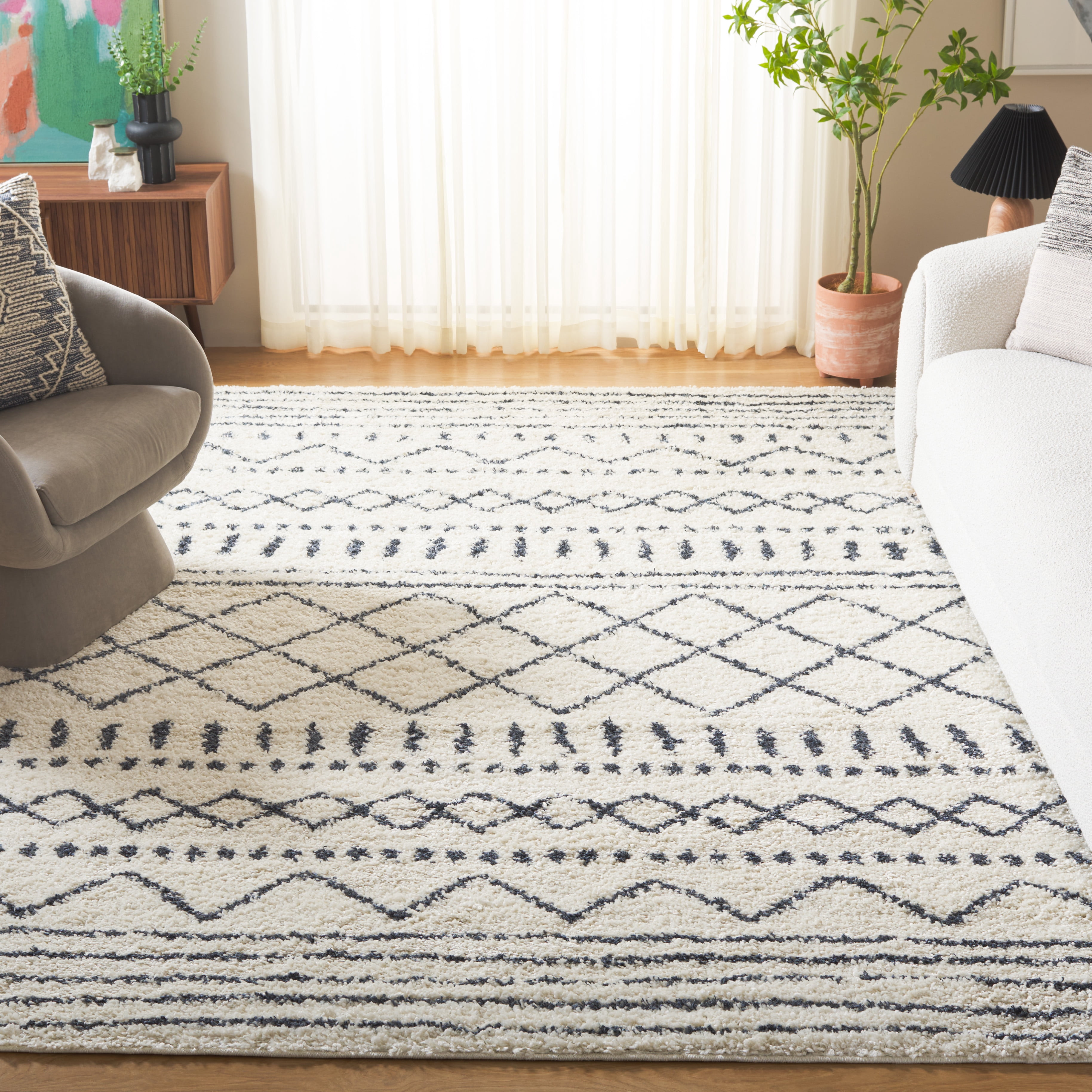 Safavieh Arizona Teagan Geometric Shag Area Rug, Ivory/Slate, 11' x 15'