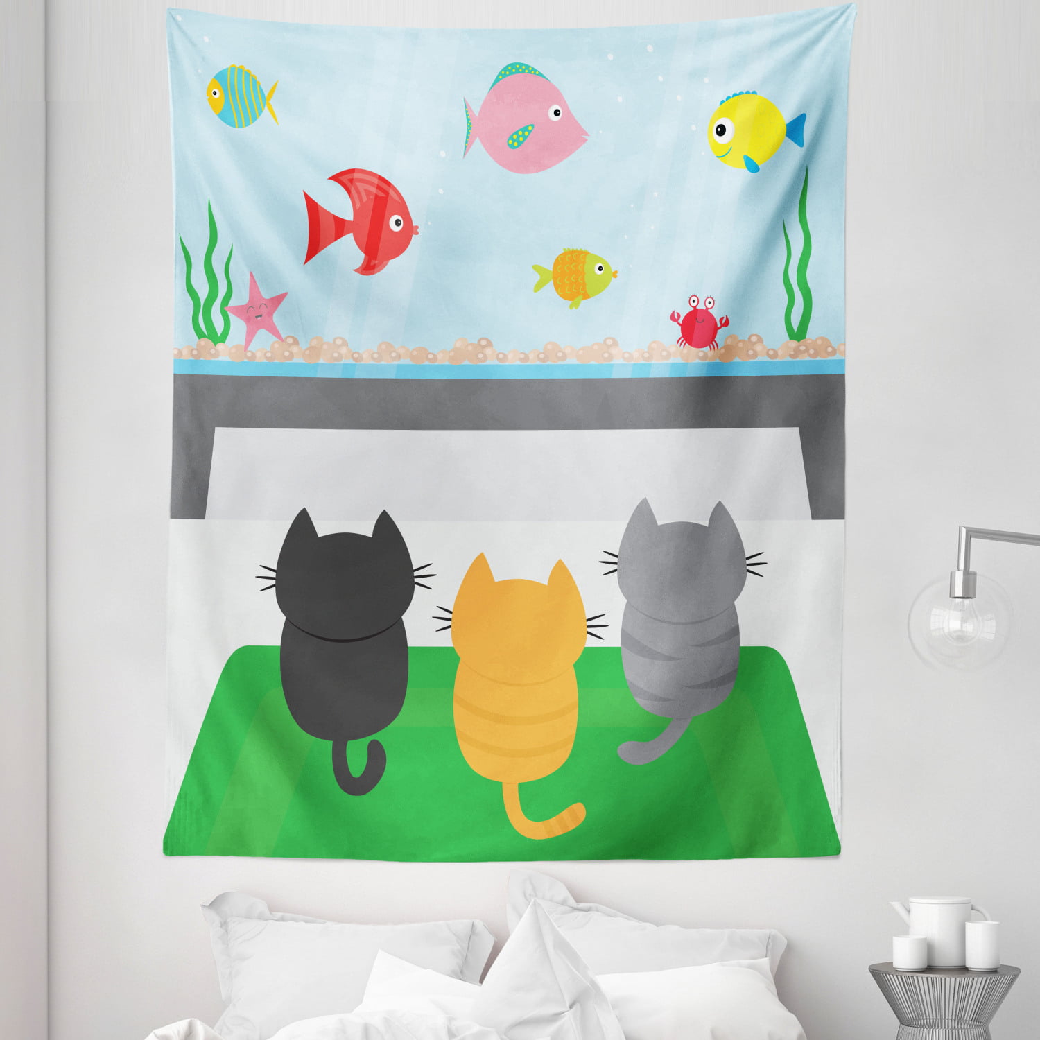 Cute Cat Sitting in Lawn Chair & Fishing Tapestry Wall Hanging Living Room Dorm 