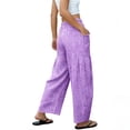thumbnail image 5 of Womens Linen Wide Leg Plaid Pants Casual Barrel Loose Drawstring High Waist Palazzo Harem Pants with Pockets Purple S, 5 of 5