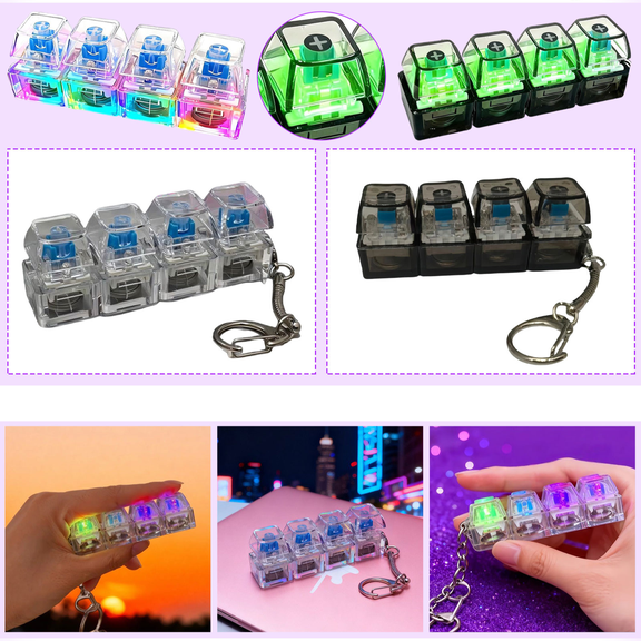 Mechanical Keyboard Fidget Toy,Transparent Shaft Clicker Fidget Toy,Crystal Keycap Light-Up Sound Stress Relief Fidget Toys With Keychain Ideal For Office School Travel And Bag