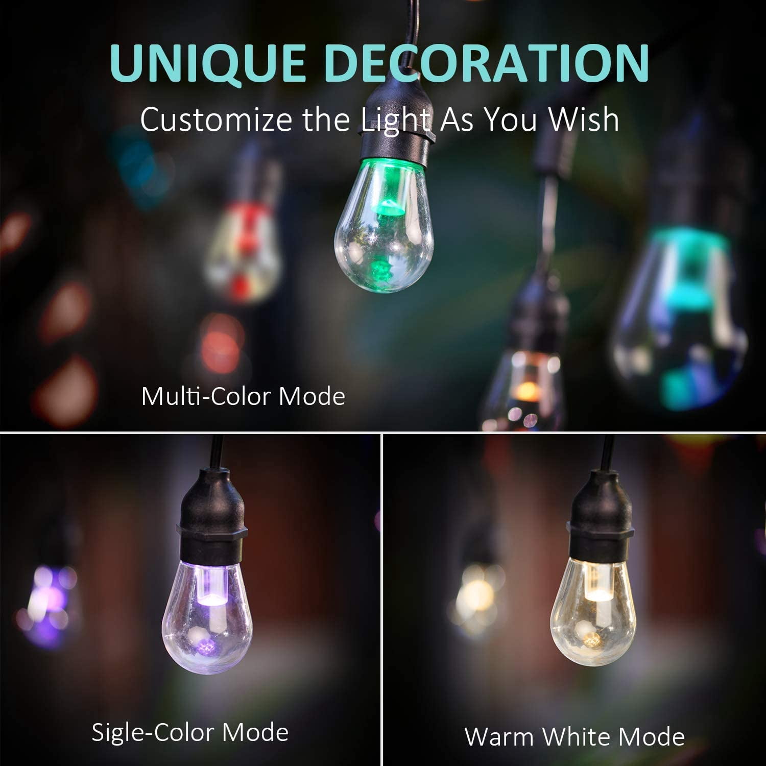 48ft Color Changing Outdoor String Light with Shatterproof LED Bulbs Remote Control Weatherproof for Patio Backyard Garden Party