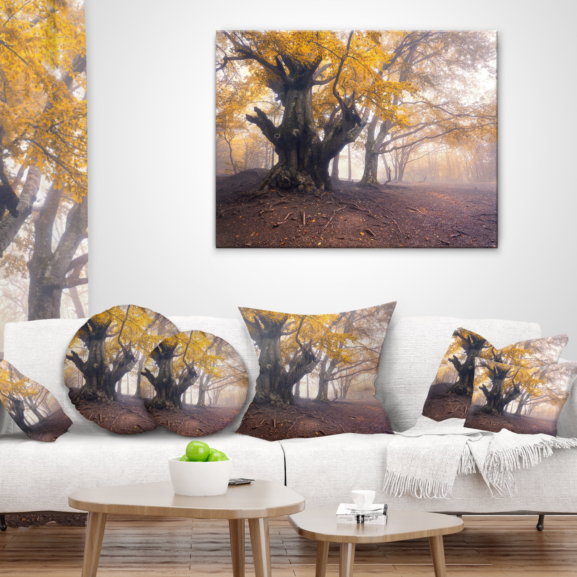 Designart Dark Tree with Yellow Leaves - Landscape Photography Throw Pillow - 18x18