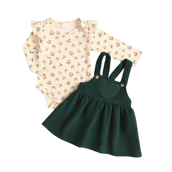 Kucnuzki Newbron Baby Girls Skirt Sets 0-3 Months Winter Clothes Set Ruffle Long Sleeves Floral Romper Top Heart Embroidery Suspender Skirt 2pcs Outfits Green