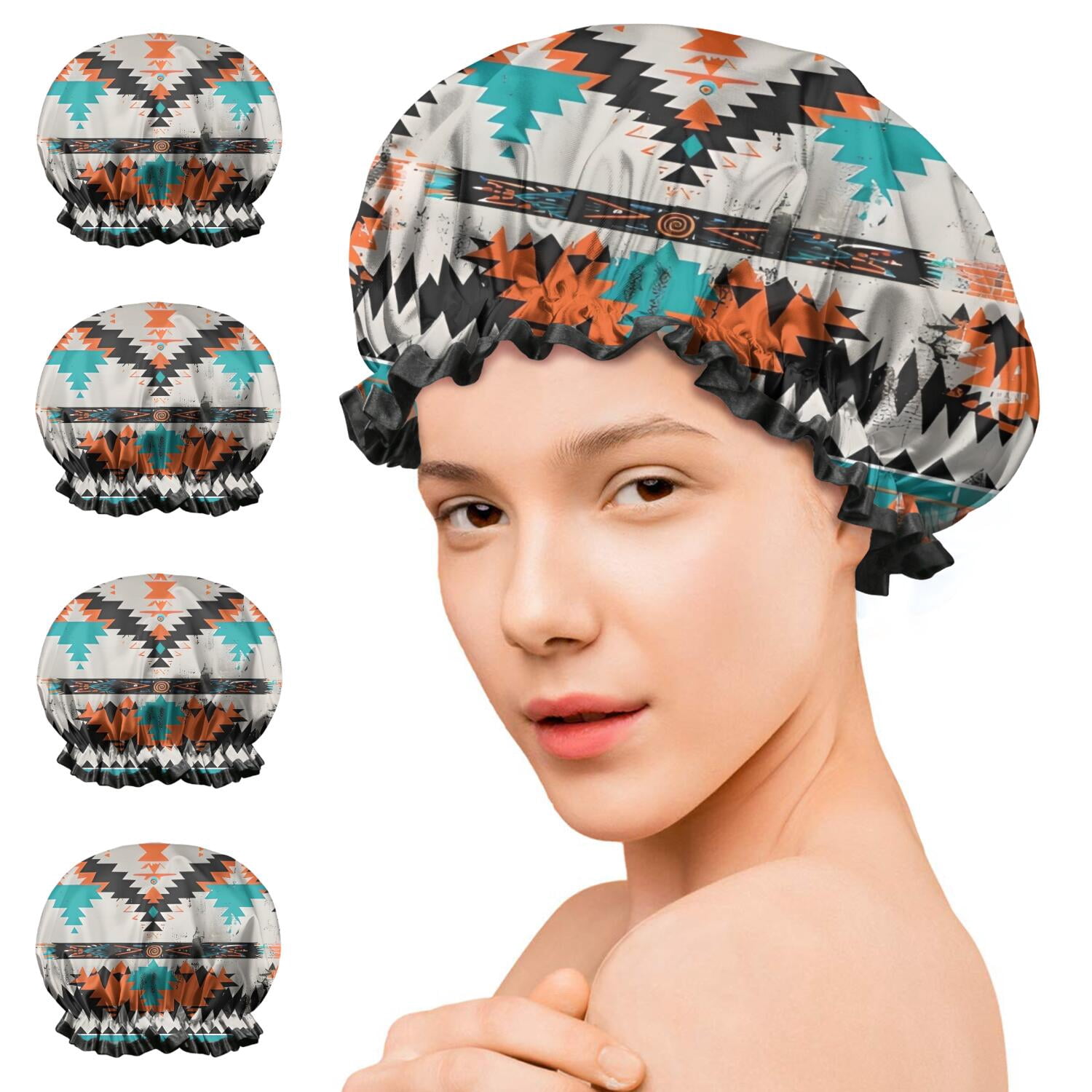 Shower Caps,Colorful Geometric Triangle Diamond Pattern Waterproof Shower Cap for Women 4 Pieces,Double Reusable Hair Cover for Shower PEVA Elastic Stretch Hem