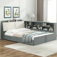 thumbnail image 2 of Harper & Bright Designs Full Size Wooden Storage Daybed, Platform Bed with 2 Drawers & Flip Headboard & Shelves, L Shaped Full Floor Bed with Upholstered Headboard, Gray, 2 of 20
