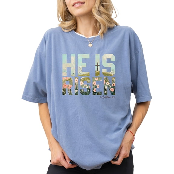 He Is Risen Christian Shirt for Women - Easter Faith Graphic Tee Blue Jean Shirt Adult 2XL