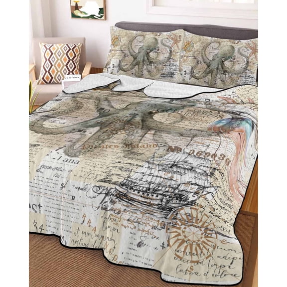 Coastal Octopus King Size Down Alternative Comforter, Lightweight Comforter Quilt Bedding Set with Pillow Shams Vintage Nautical Summer Beach Starfish All Seasons Bed Comforter Duvet Insert 96"x106"