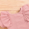 thumbnail image 6 of Infant Baby Girl Summer Clothes Romper 3 Piece Sets Ruffle Sleeve Solid Color Romper + Floral Print Shorts + Headband Outfit Baby Girl Short Set 3 6 12 18 24 Months, 6 of 7