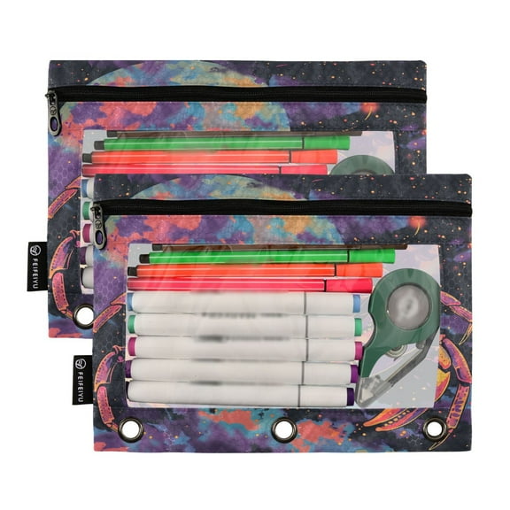 2 Pack Pencil Pouch for 3 Ring Binder Smooth Zipper Folders with Pockets Clear Window Pencil Case Crab in Space