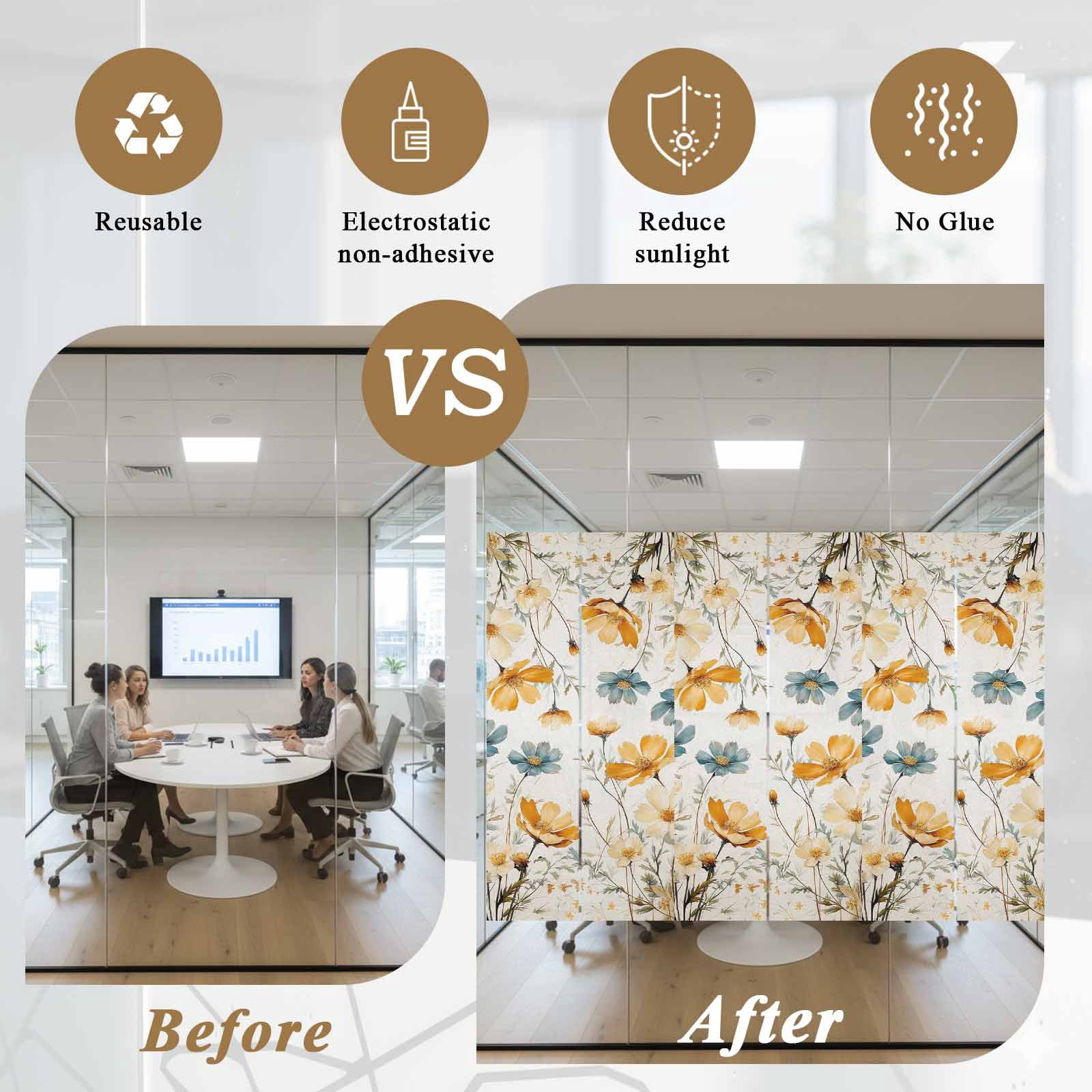 Yellow Blue Spring Floral Window Privacy Film, Watercolor Summer Botanical Static Cling UV Sun Blocking Tint Film Heat Control Windows Films for Bedroom Bathroom, Window Stickers 23.6"x59"