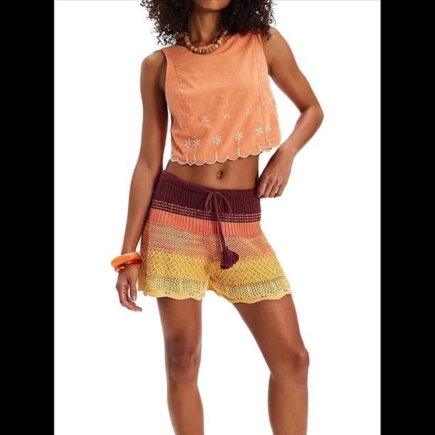 Blusa de Mujer Sin Mangas con Cuello Redondo, Dobladillo Ondulado con Colores Contrastantes y Bordado Color Naranja L
