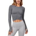 thumbnail image 2 of TrendOFT Womens Yoga Tops Ruched Long Sleeve Crop Crew Neck Yoga Workout Casual Slim Y2K Tops Grey L, 2 of 5