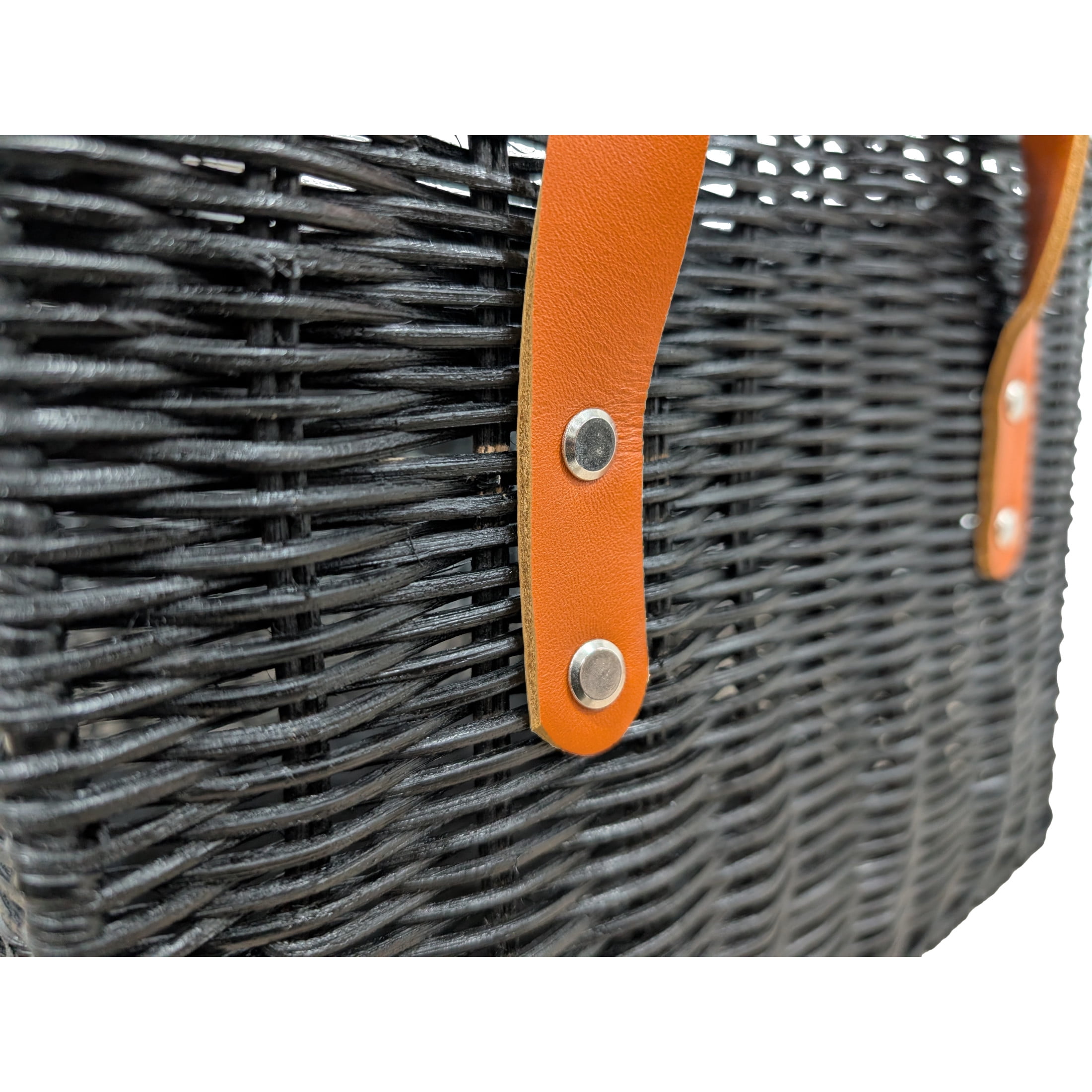 DecMode 12" x 11" Black Rattan Handmade Woven Storage Basket with Brown Leather Handles, 1-Piece