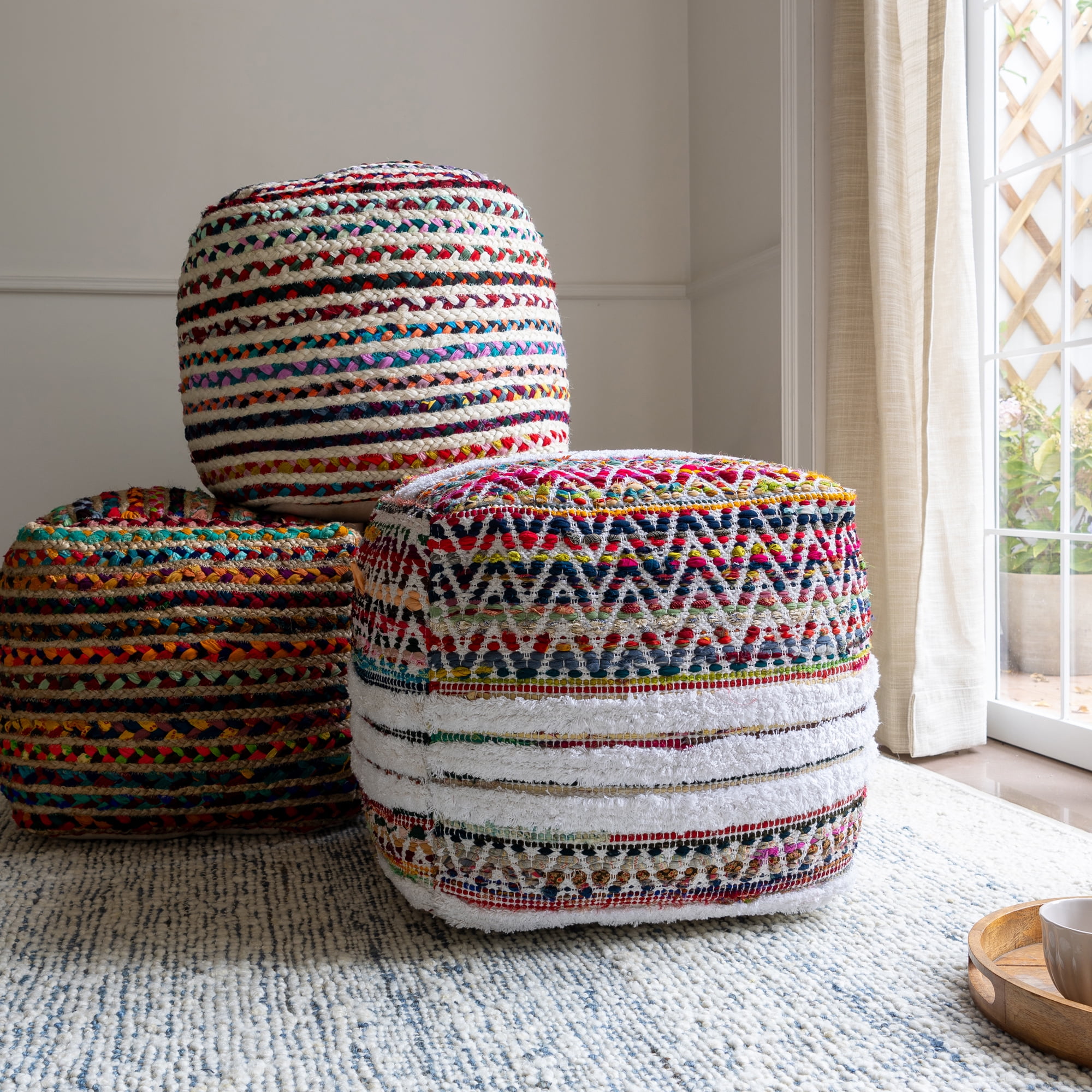 Ox Bay Roma Chindi/White Chevron Striped Medium Square Indoor Pouf Ottoman, 18" H x 18" W