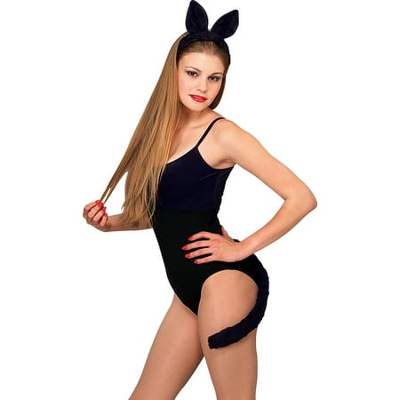 Adult Womens Kitty Black Cat Ears Headband Tail Kit Set Costume Accessory